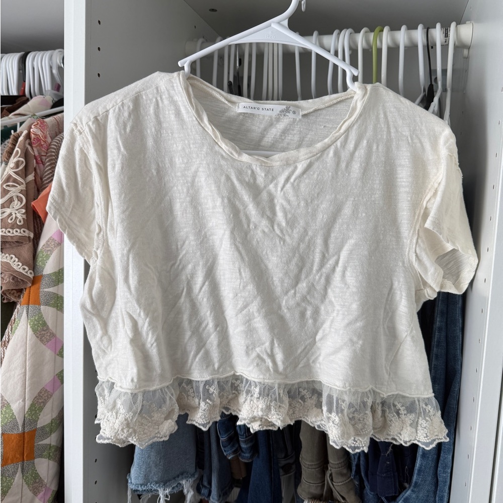 Altar'd State Cream Lace Trim Cropped Tee